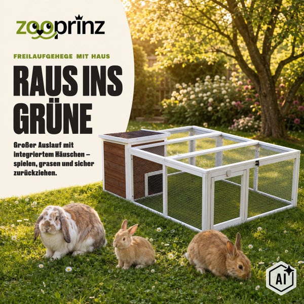 Zooprinz Freilaufgehege mit integriertem Häuschen für Kleintiere auf einer Wiese mit drei Kaninchen im Garten.