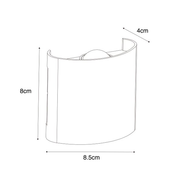 Skizze einer Wandleuchte mit den Maßen 8 cm Höhe, 8,5 cm Breite und 4 cm Tiefe