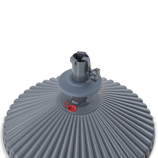 Befüllbarer Sonnenschirmständer aus Kunststoff mit geriffelter Oberfläche, Standrohr und Feststellschraube.