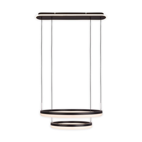 LED-CCT-Pendelleuchte CIRCULO aus schwarzem Metall und sandfarbenem Kunststoff, mit integrierter LED und vielen Funktionen, Ø 60 cm, 150 cm hoch.
