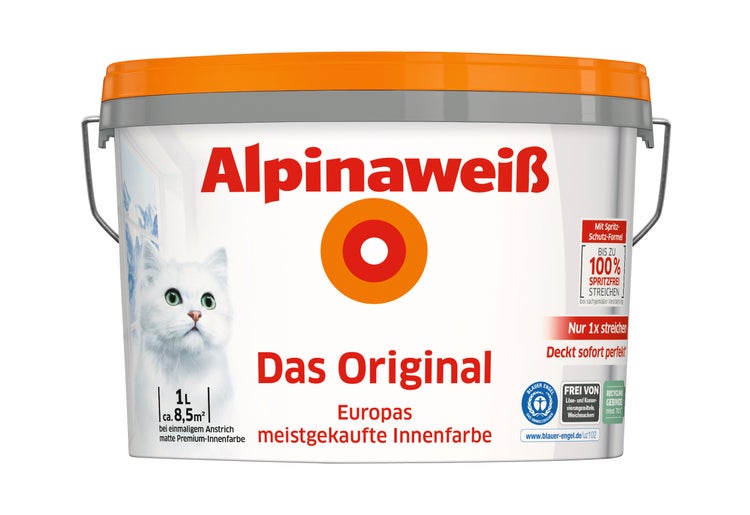 Eimer Alpinaweiss Innenfarbe 1 Liter fuer ca 8,5 Quadratmeter mit Blauer Engel Umweltzeichen.
