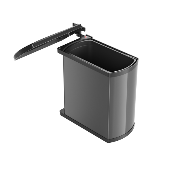 Einbau-Abfalleimer mit offenem Deckel, rechteckig, Kunststoff und Metall, dunkelgrau.