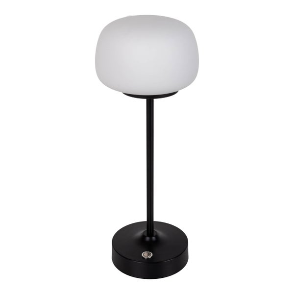 LED Akku-/ Tischleuchte PINA 30 cm hoch, aus Metall (schwarz) und Glas (weiß), integrierte LEDs, warmweiß