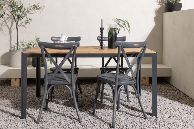 Gartenmöbelset mit Holztischplatte und Stühlen mit Kreuzstreben