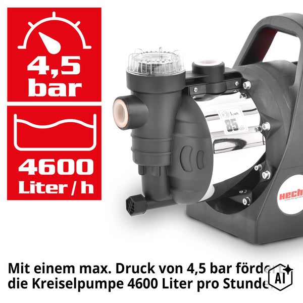 Hecht Kreiselpumpe mit 4,5 bar Druck und 4600 Liter pro Stunde Förderleistung und Hecht Logo
