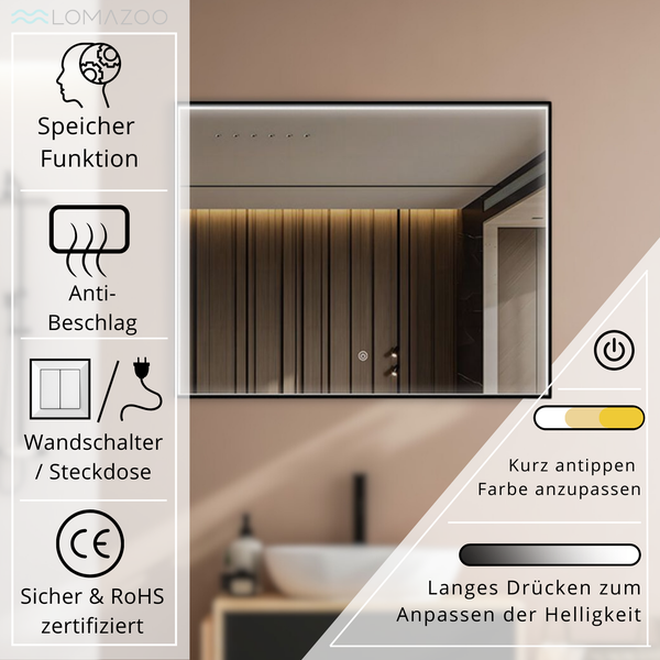 Badezimmerspiegel mit LED Beleuchtung, Speicherfunktion, Antibeschlag, Wand- oder Steckdosenanschluss, CE- und RoHS-zertifiziert mit Touchsteuerung.