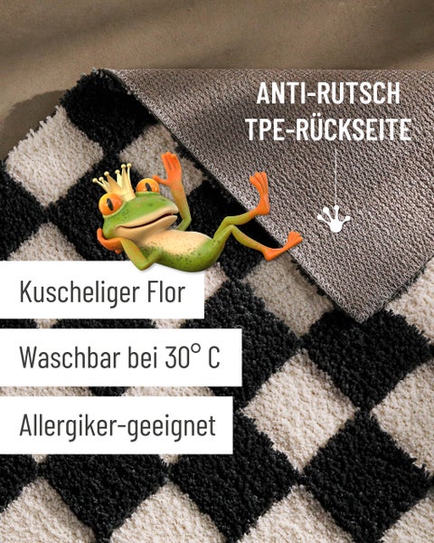 Badematte mit Froschmotiv, schwarz-weißem Karomuster, kuscheligem Flor, waschbar bei 30 Grad, allergikergeeignet und rutschfester TPE-Rückseite.
