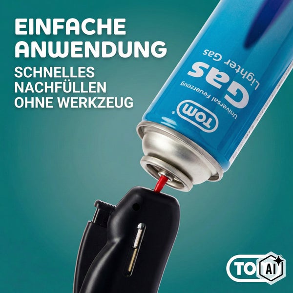 Eine Tom Universal Feuerzeuggas Nachfülldose beim Befüllen eines Feuerzeugs.