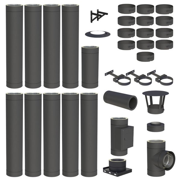Doppelwandiges Edelstahlschornstein-Set in Schwarz mit Rohrelementen, T-Stück, Reinigungsöffnung, Wandhaltern und Schornsteinhaube.