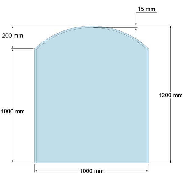 Technische Zeichnung einer Glasplatte mit Rundbogen, Breite 1000 Millimeter, Seitenhöhe 1000 Millimeter, Gesamthöhe 1200 Millimeter.