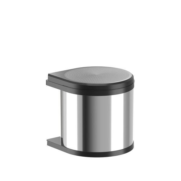 Kleiner Abfalleimer aus Edelstahl mit schwarzem Deckel und Wandhalterung.