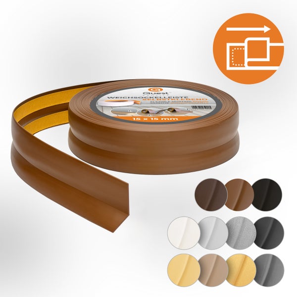 Quest Weichsockelleiste Selbstklebend 15 x 15 mm, PVC, Flexibel, Braun, 10 Meter