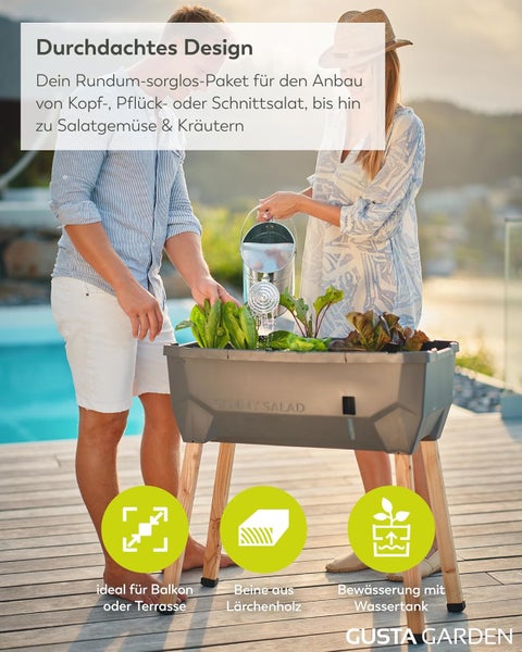 Hände beim Einpflanzen eines Setzlings in Blumenerde. Kapazität für 40 Liter Erde für ideale Nährstoffversorgung. Gusta Garden Logo.
