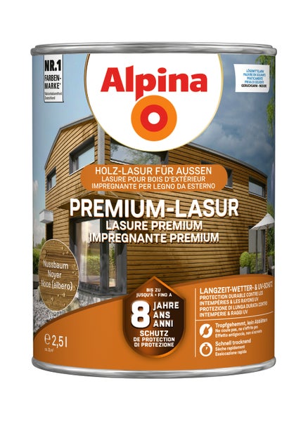 Alpina Premium Holzlasur Nussbaum für den Aussenbereich in 2,5 Liter Dose mit bis zu 8 Jahren Langzeitwetter- und UV-Schutz