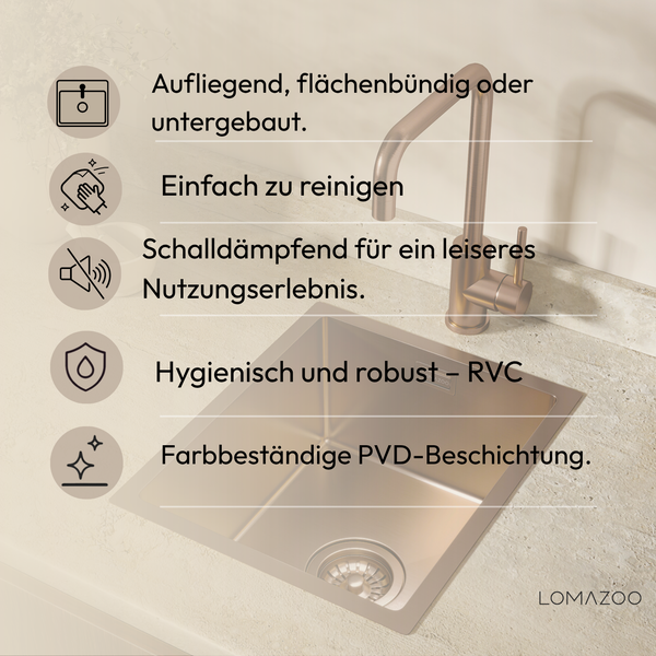 Lomazoo Spüle mit Armatur und PVD-Beschichtung zeigt Produktvorteile wie einfache Reinigung, Schalldämmung und verschiedene Einbauarten.
