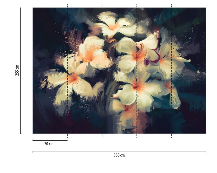 Vliestapete mit abstraktem Blumenmotiv in Ölmalerei-Optik, Maße 350 mal 255 Zentimeter, aufgeteilt in 5 Bahnen zu je 70 Zentimeter.
