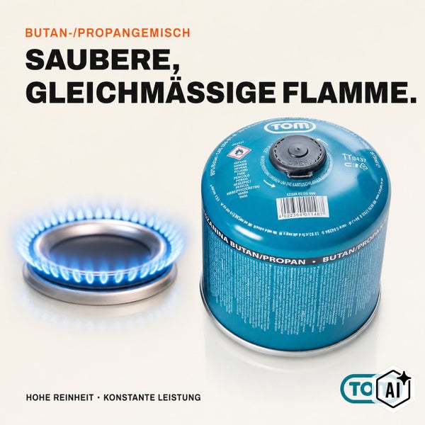 TOM Butan Propangas Kartusche fuer Gaskocher mit brennender Flamme.