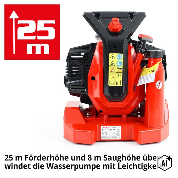Hecht Benzin Wasserpumpe 352 mit 25 Meter Förderhöhe und 8 Meter Ansaughöhe zur Bewässerung.