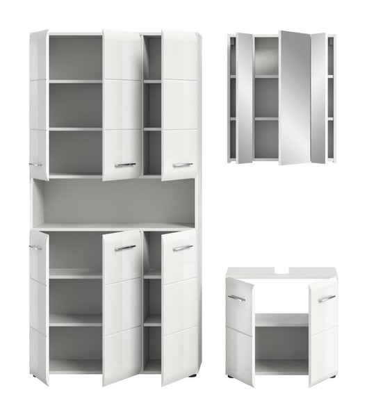 Weißes Badezimmermöbel-Set bestehend aus Hochschrank, Spiegelschrank und Waschbeckenunterschrank mit geöffneten Türen und Griffen.