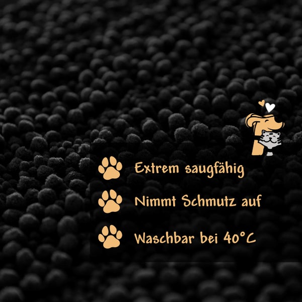 Extrem saugfähige und schmutzaufnehmende Tiermatte, waschbar bei 40 Grad Celsius.