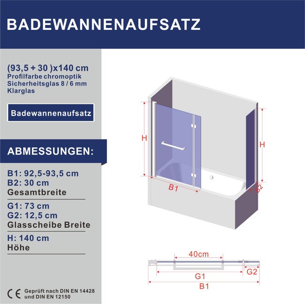 Technische Zeichnung eines Badewannenaufsatzes aus Sicherheitsglas mit Profilen in Chromoptik und Maßangaben für die Montage.