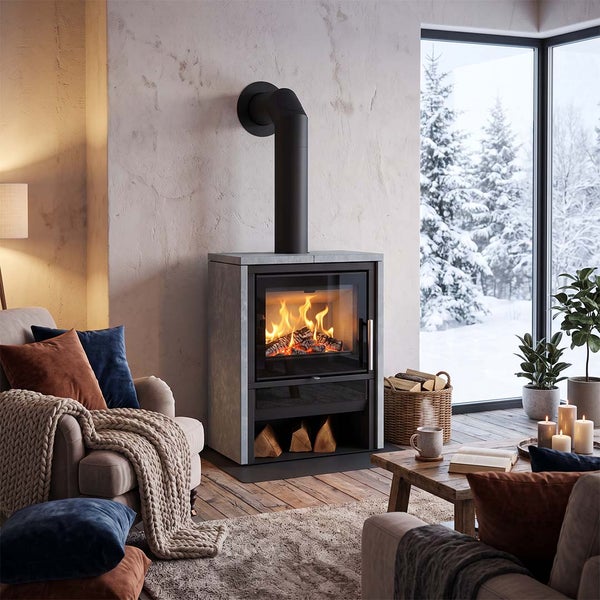 Moderner Kaminofen mit Natursteinverkleidung in einem gemütlichen Wohnzimmer mit Blick auf eine verschneite Winterlandschaft durch das Fenster.