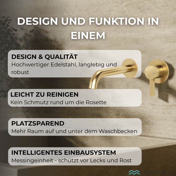 Unterputz Waschtischarmatur in Goldoptik mit Wandmontage und Bedienhebel für Waschbecken, Lomazoo Logo.