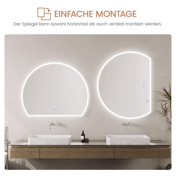 LED Badezimmerspiegel mit Beleuchtung in zwei Montageausrichtungen über einem Doppelwaschtisch mit Holzunterschrank.