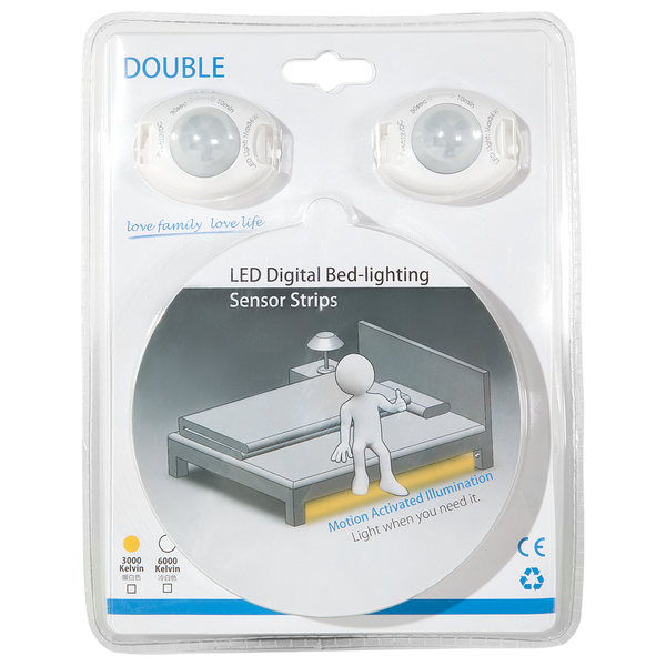 LED-Streifen-Set in transparenter Blisterverpackung, Seitenansicht.