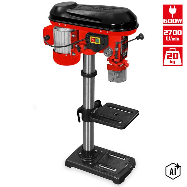Tischbohrmaschine mit 600 Watt Motor, 2700 Umdrehungen pro Minute und einem Gewicht von 20 Kilogramm für präzise Bohrarbeiten.