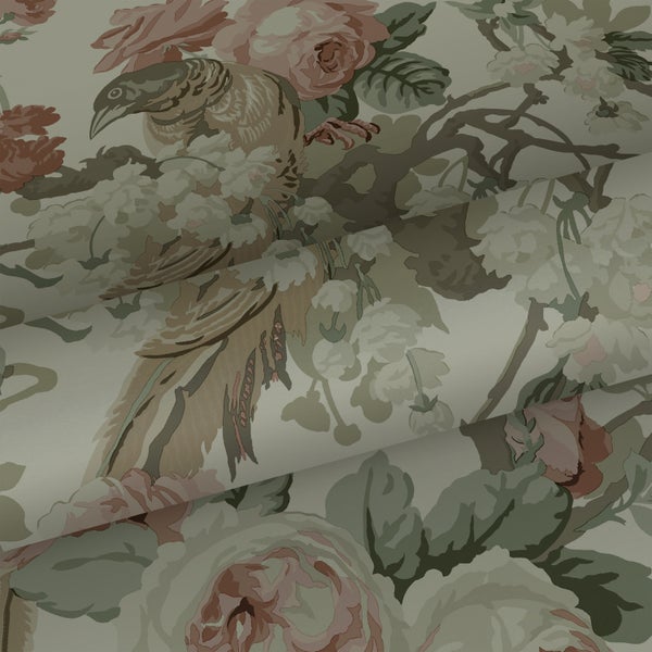 ESTAhome Tapete Blumen und Vögel Graugrün - 50 x 900 cm - 139810