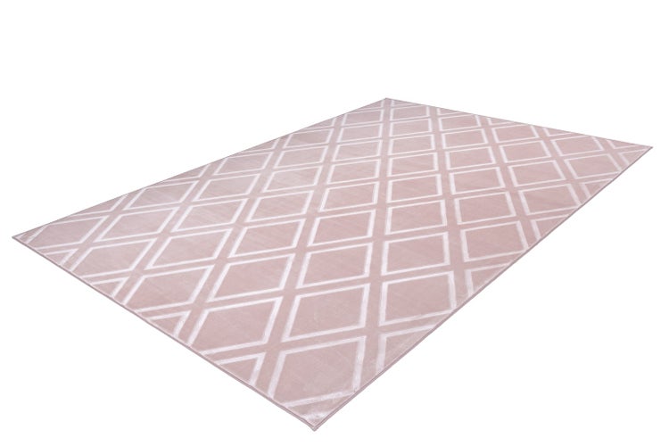 Rechteckiger Teppich mit geometrischem Rautenmuster in Rosa und Weiß.