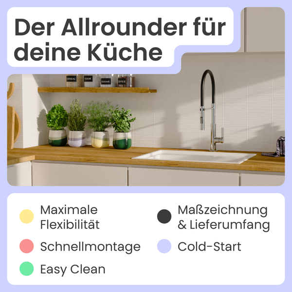 Küchenarmatur in einer modernen Küche mit Spülbecken, Arbeitsplatte und Dekoration