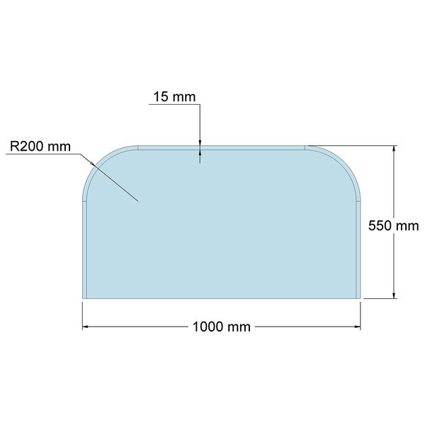 Technische Zeichnung: Platte mit abgerundeten Ecken, Breite 1000 Millimeter, Höhe 550 Millimeter, Stärke 15 Millimeter, Radius 200 Millimeter.