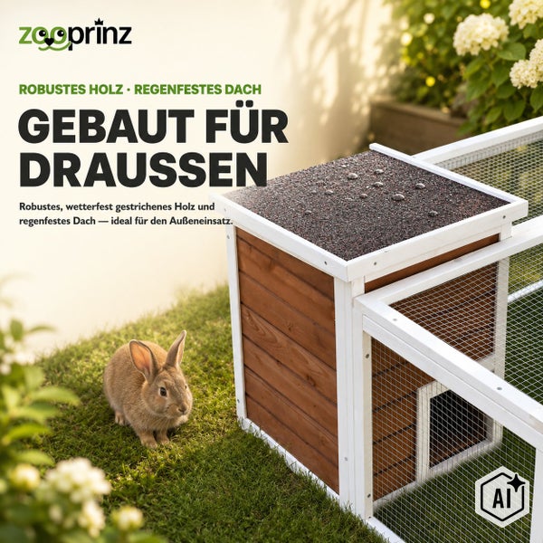 Wetterfester Kaninchenstall aus Holz mit regengeschütztem Dach und Außengehege für den Garten inklusive eines Kaninchens vor dem Stall.