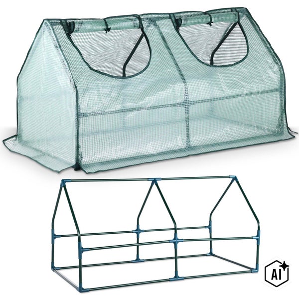 Folientunnel mit zwei aufrollbaren Öffnungen und separatem Metallgestell für den Gartenbau.