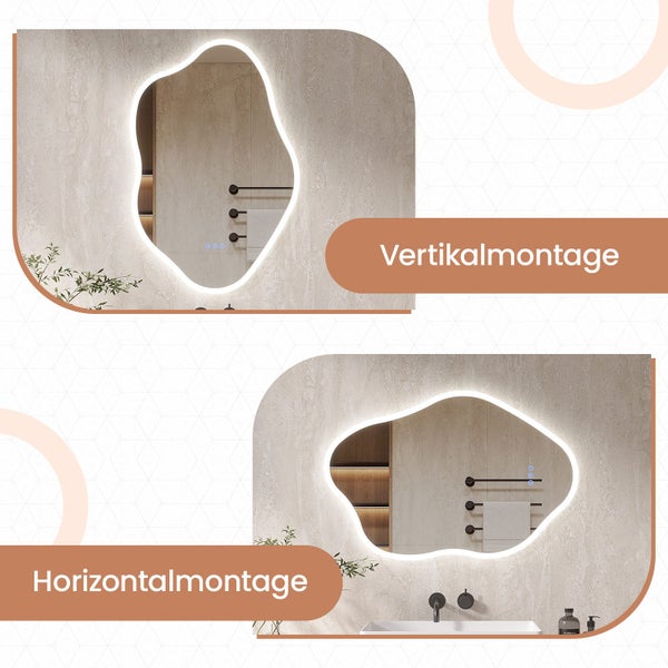 Organisch geformter LED Badspiegel mit indirekter Beleuchtung für vertikale oder horizontale Wandmontage im Badezimmer.