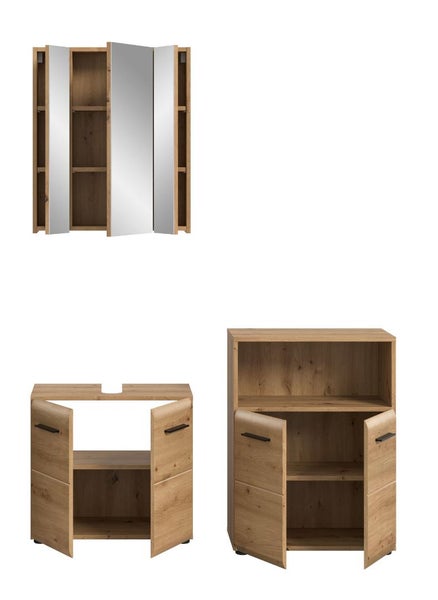 Dreiteiliges Badezimmermöbel Set in Eiche Optik mit Spiegelschrank, Waschbeckenunterschrank und Beistellschrank mit geöffneten Türen.