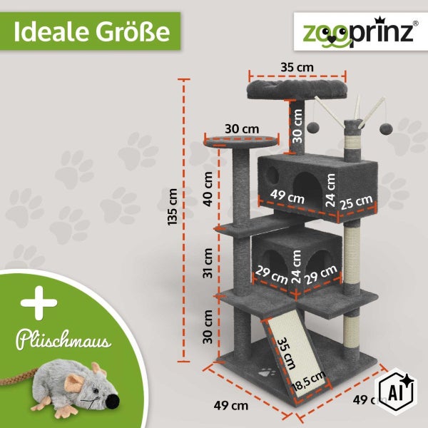 Katzenkratzbaum mit mehreren Ebenen, Höhlen und Kratzstämmen sowie einer Plüschmaus mit Maßangaben von Zooprinz Logo.