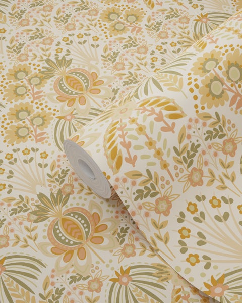 ESTAhome Tapete Blumenmuster im Jugendstil Orange und Ockergelb - 50 x 900 cm - 131509
