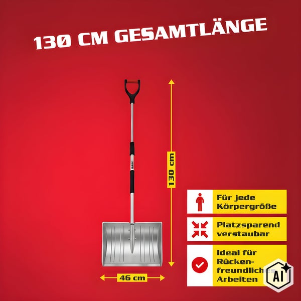 Schneeschieber mit 130 Zentimeter Gesamtlänge und 46 Zentimeter breitem Blatt, höhenverstellbar für rückenschonendes Arbeiten.