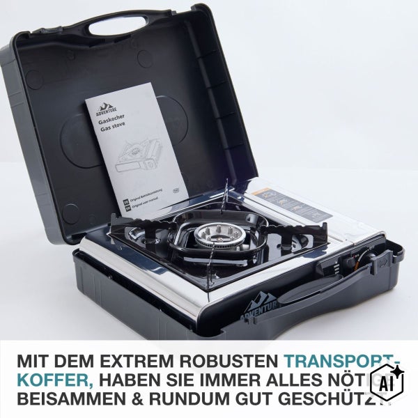 Mobiler Gaskocher mit Transportkoffer und Bedienungsanleitung zum Kochen beim Camping.