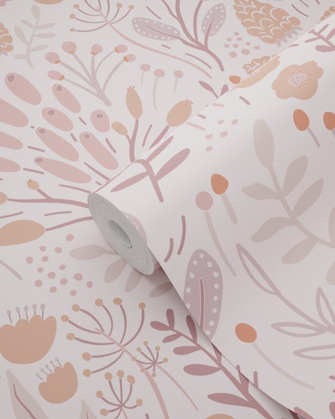 ESTAhome Tapete Blätter und Blumen Violett und Terrakotta - 50 x 900 cm - 131386
