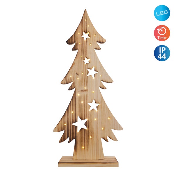 Dekorativer Weihnachtsbaum aus Holz mit LED-Beleuchtung, Timer und Schutzart IP44