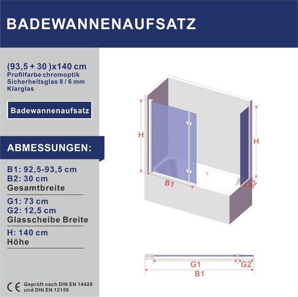Technische Zeichnung eines Badewannenaufsatzes aus Sicherheitsglas mit Chromoptik Profilen und Maßangaben für die Montage an einer Badewanne.