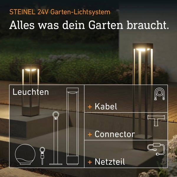 Steinel 24 Volt Garten Lichtsystem mit Leuchten, Kabel, Connector und Netzteil zur Beleuchtung von Gartenwegen und Außenbereichen.