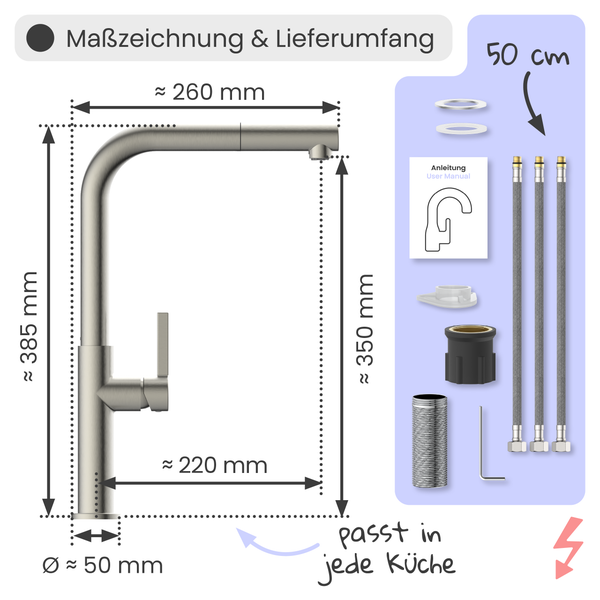 Maßzeichnung und Lieferumfang einer Küchenarmatur mit Maßen und Zubehör