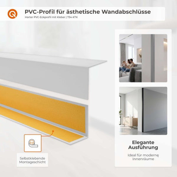 Selbstklebendes PVC Eckprofil für Wandabschlüsse in Innenräumen mit Montagebeispielen.