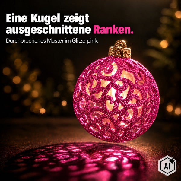 Weihnachtskugel mit durchbrochenem Rankenmuster und Glitzeroberfläche als dekorativer Baumschmuck.