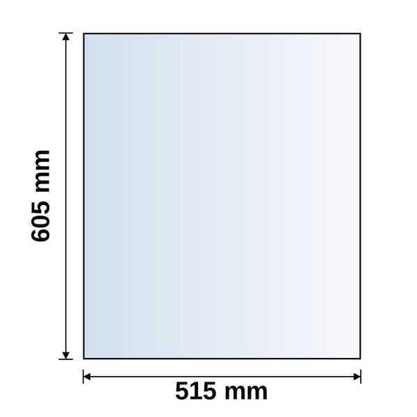 Rechteckige Scheibe mit einer Höhe von 605 Millimetern und einer Breite von 515 Millimetern.